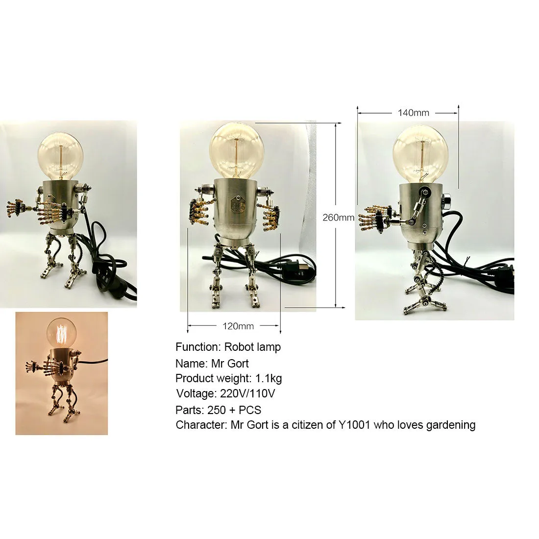 250Pcs  Metal Future Robot Bulb Lamp Handyman Mr Gort Model Building Kits with Light