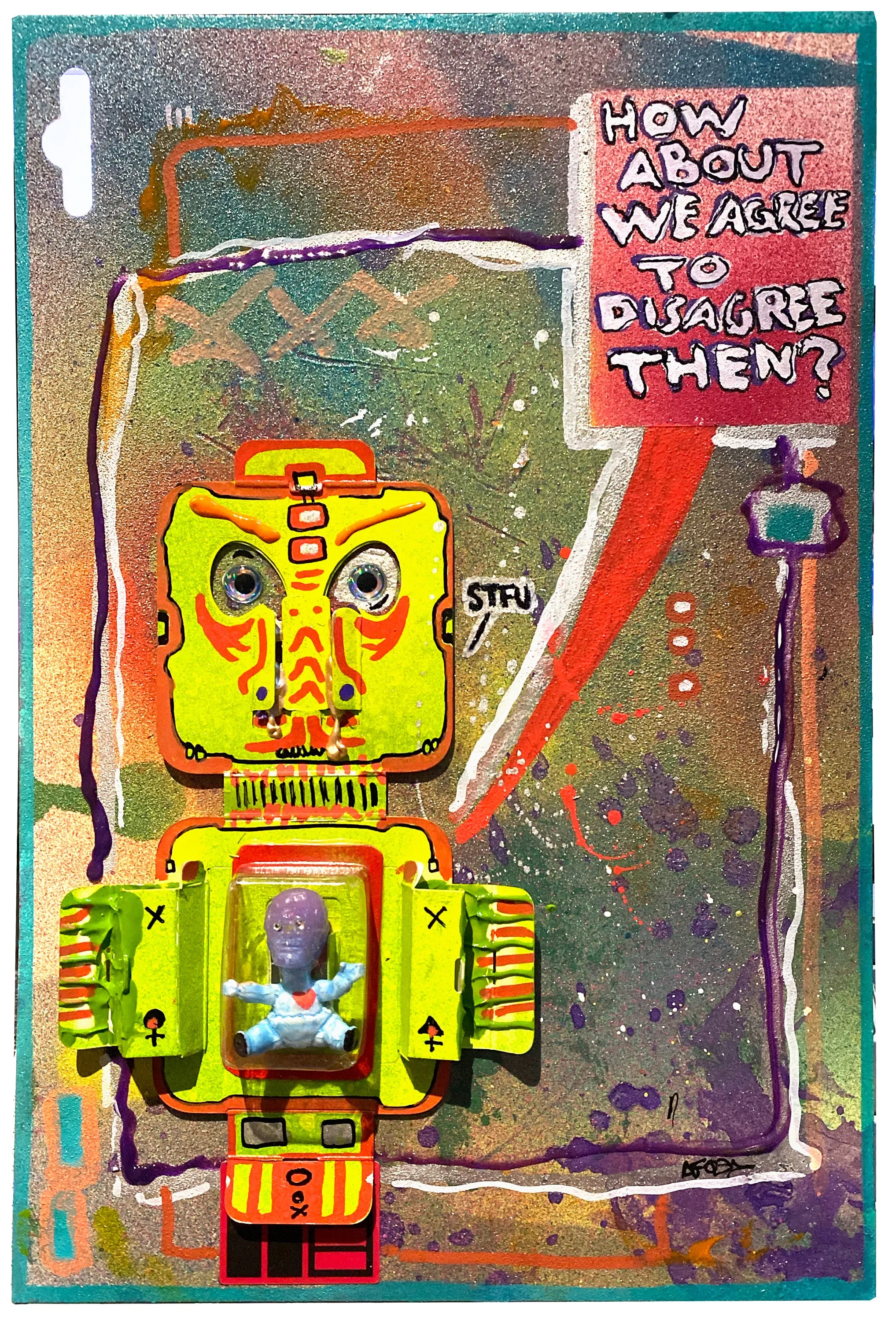 AEQEA "Host in the Machine / Garbage-in, Garbage-out / Holy Ghost" original artwork mixed media outsider art toy figure inside clamshell on collage