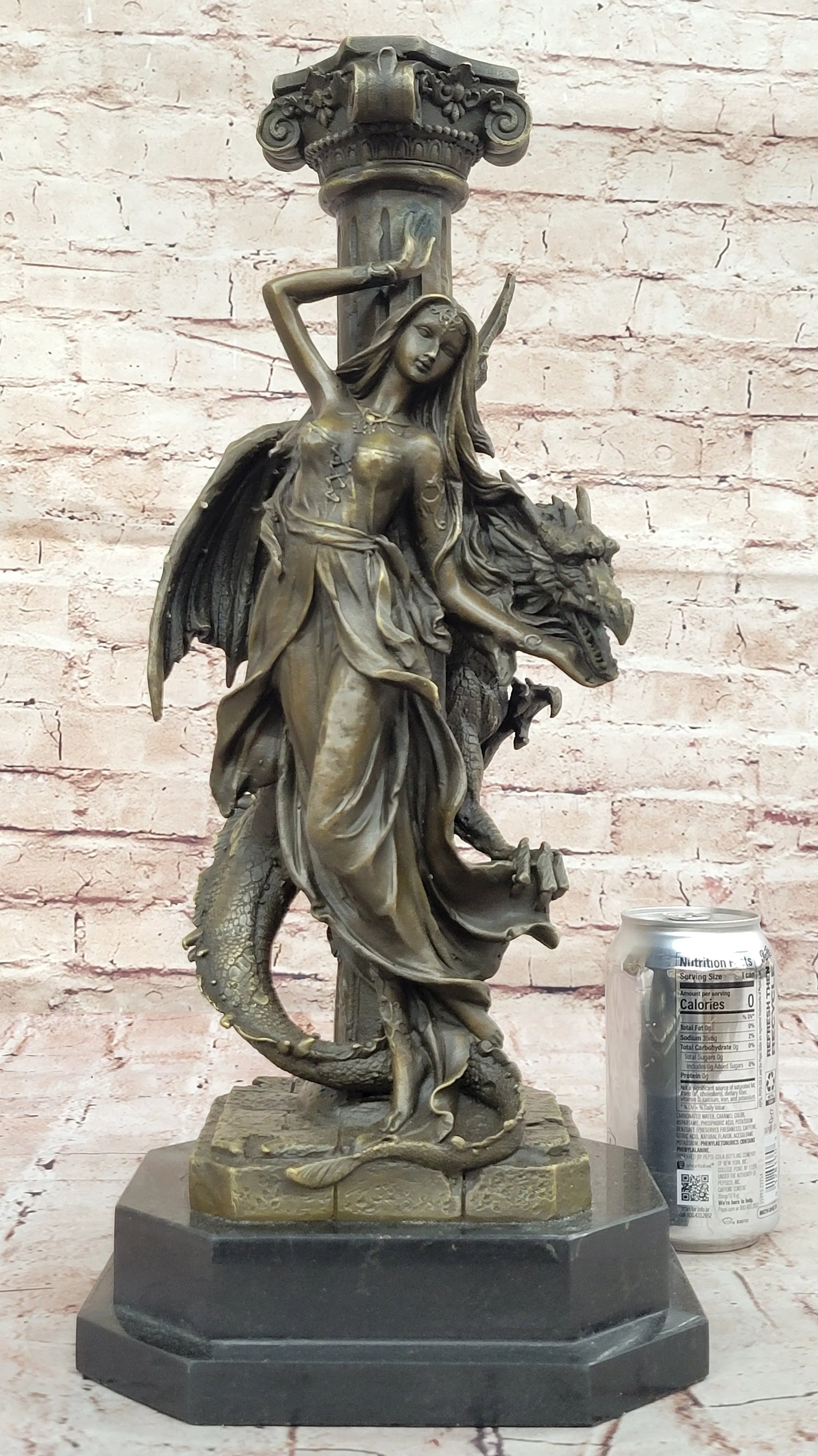 Bronze Fantasy Statue of Woman with Dragon & Column Original Mythical Sculpture