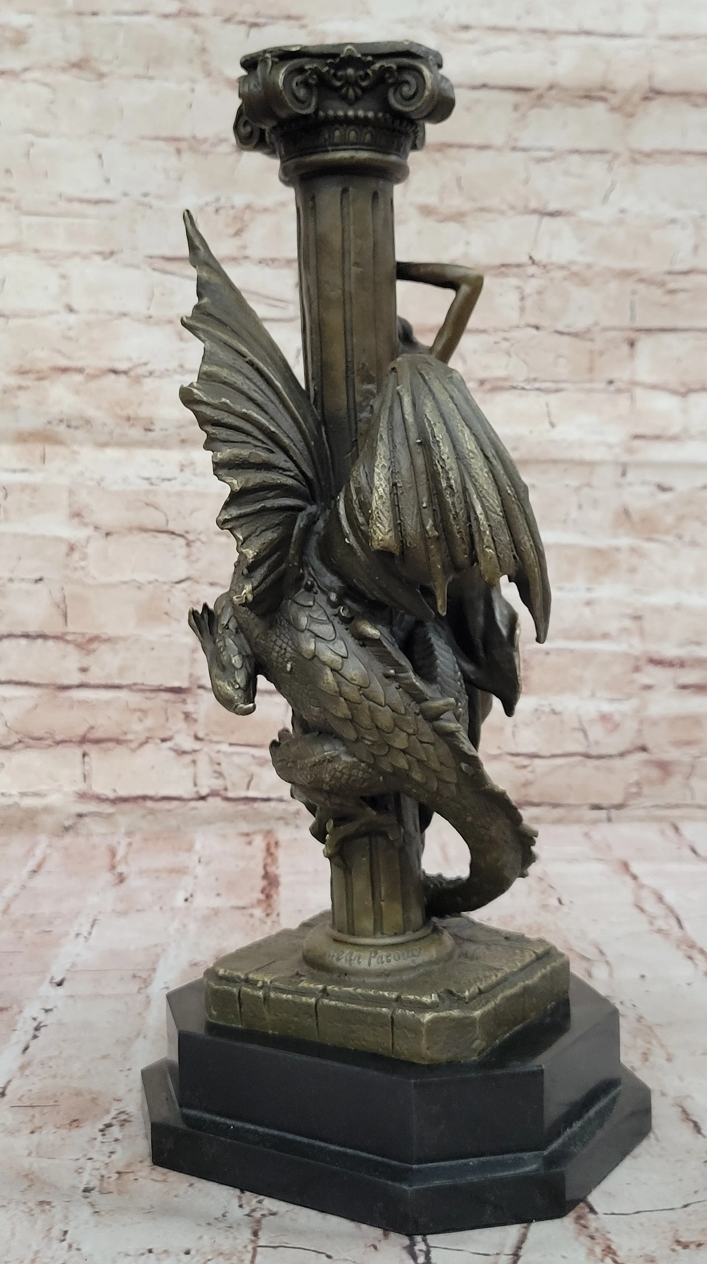 Bronze Fantasy Statue of Woman with Dragon & Column Original Mythical Sculpture