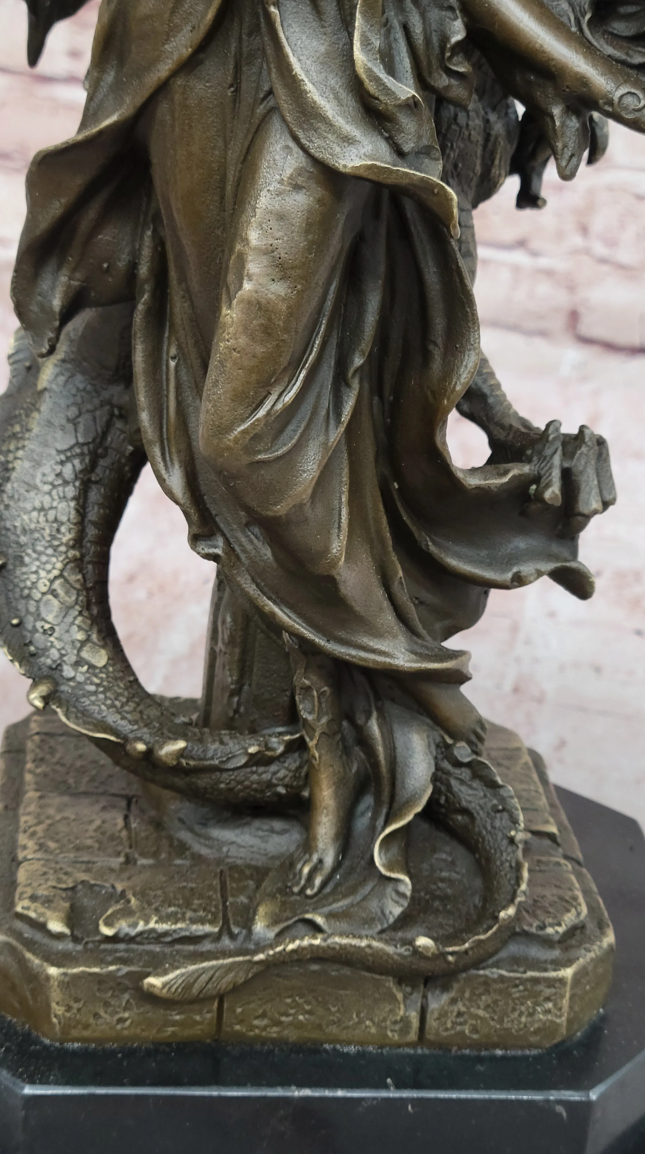 Bronze Fantasy Statue of Woman with Dragon & Column Original Mythical Sculpture