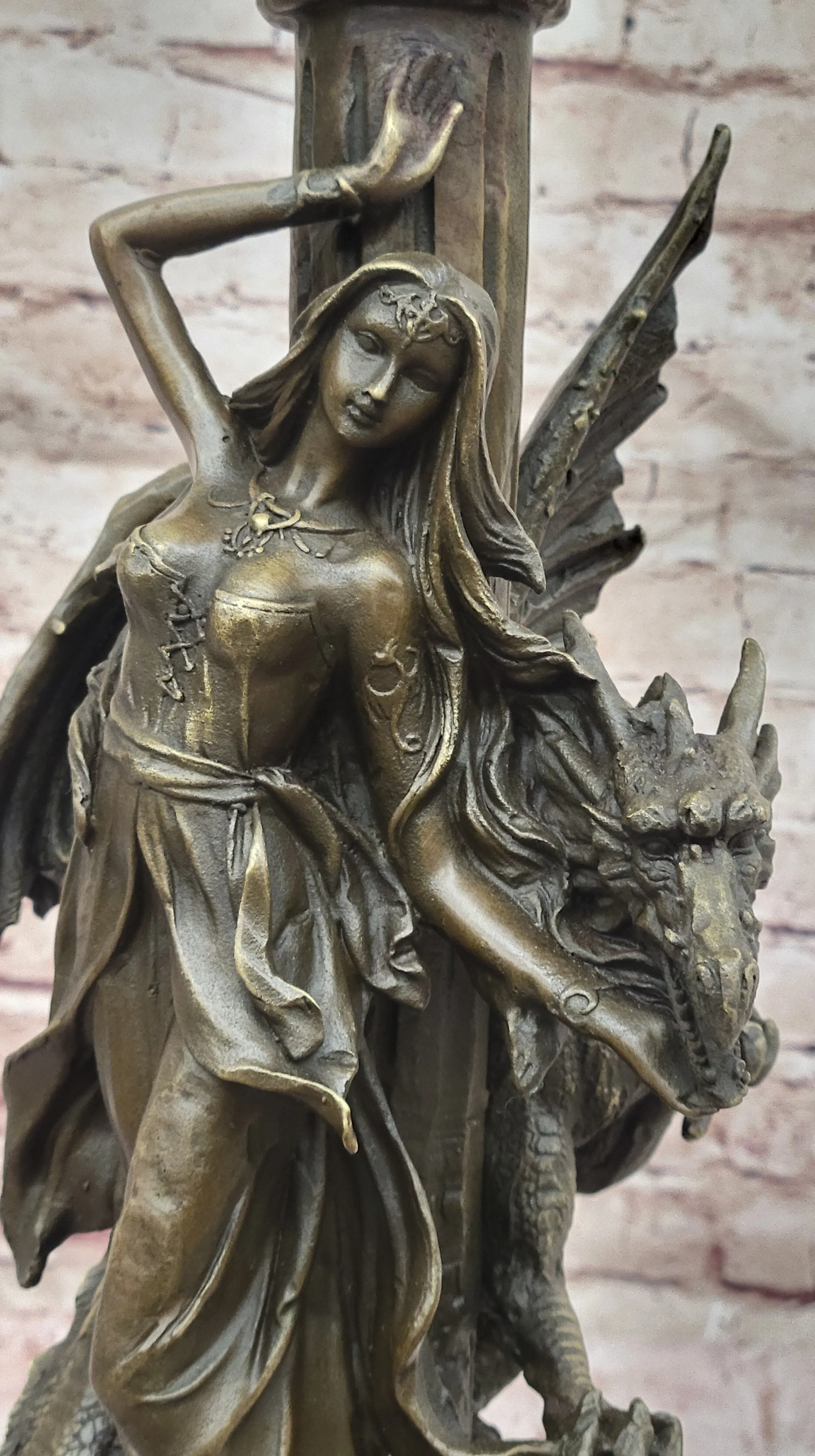 Bronze Fantasy Statue of Woman with Dragon & Column Original Mythical Sculpture