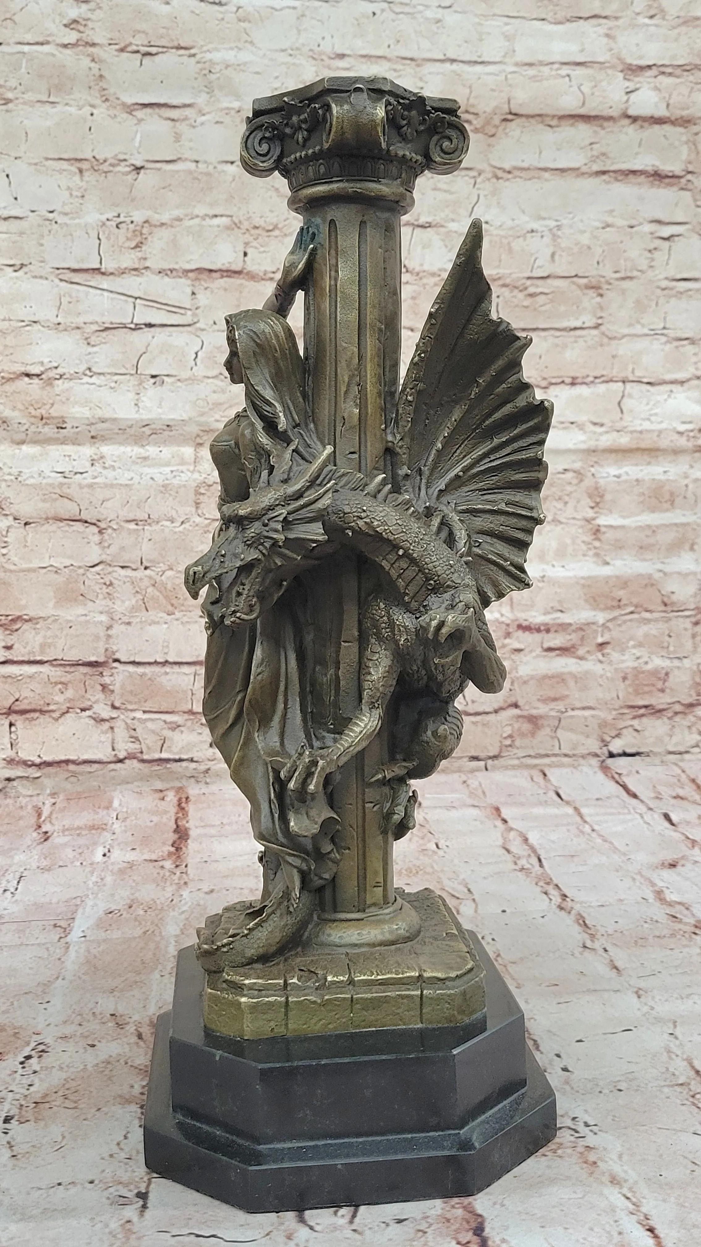 Bronze Fantasy Statue of Woman with Dragon & Column Original Mythical Sculpture
