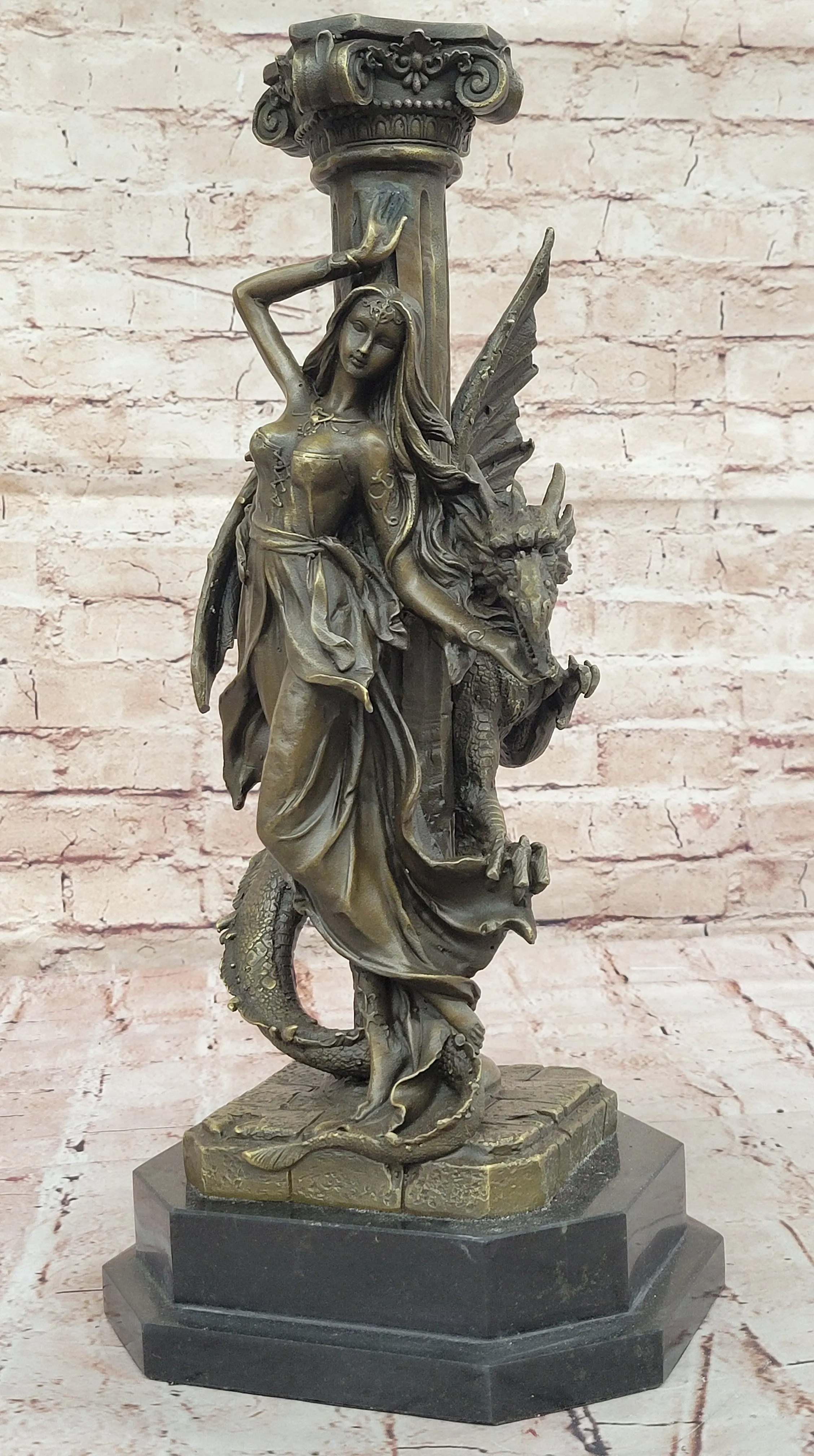 Bronze Fantasy Statue of Woman with Dragon & Column Original Mythical Sculpture