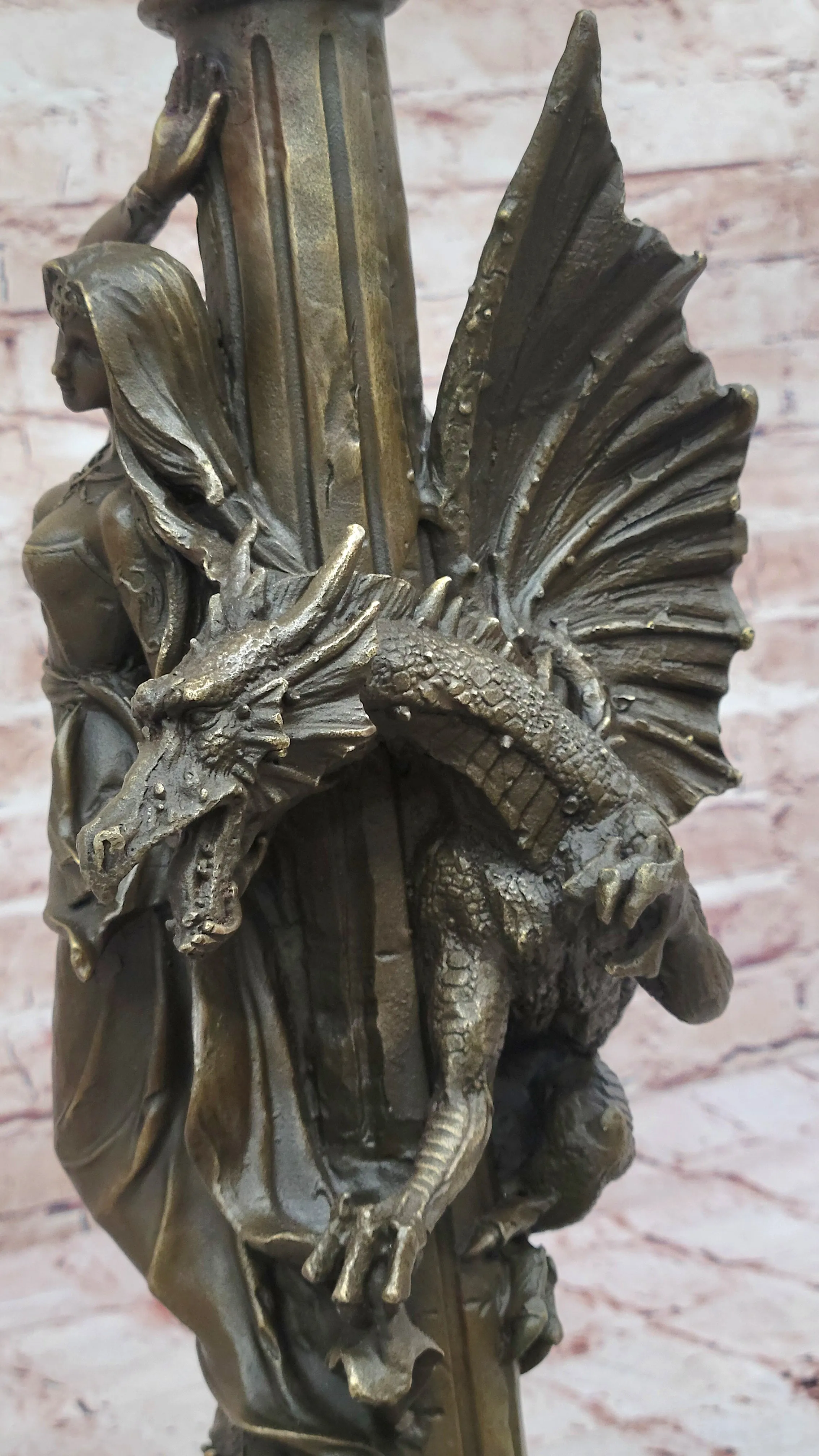 Bronze Fantasy Statue of Woman with Dragon & Column Original Mythical Sculpture