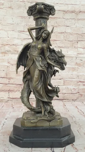 Bronze Fantasy Statue of Woman with Dragon & Column Original Mythical Sculpture