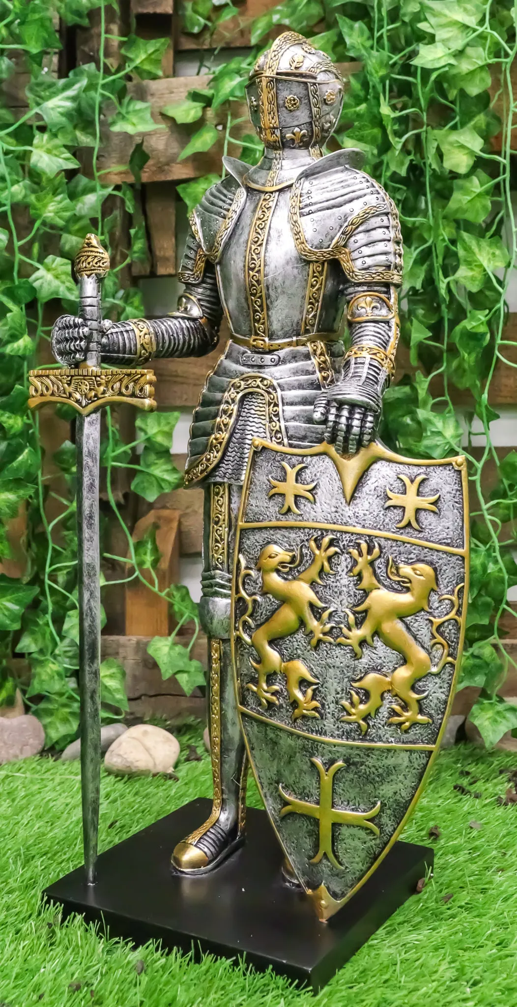Ebros 21"H Large Medieval Suit Of Armor Knight With Sword And Heraldry Shield Statue