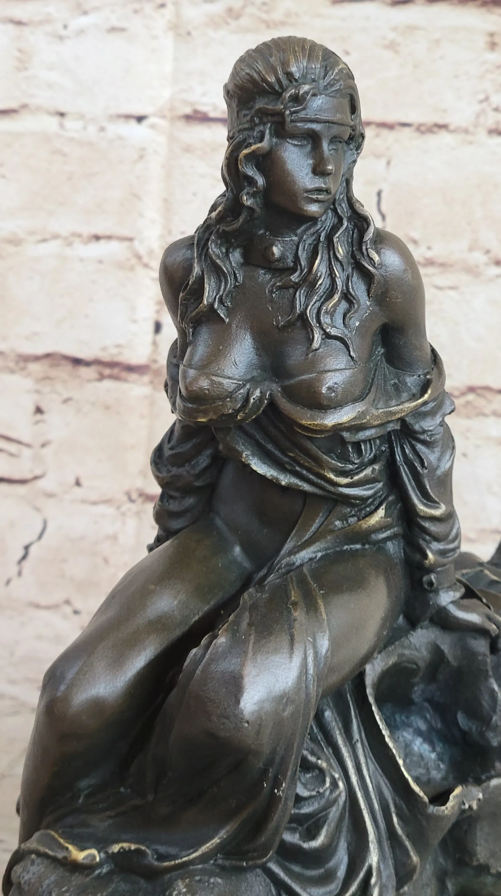 Girl Sitting on Horned Demon Dragon Skull Bronze Figure Sculpture Occult Art 9.5" x 7"