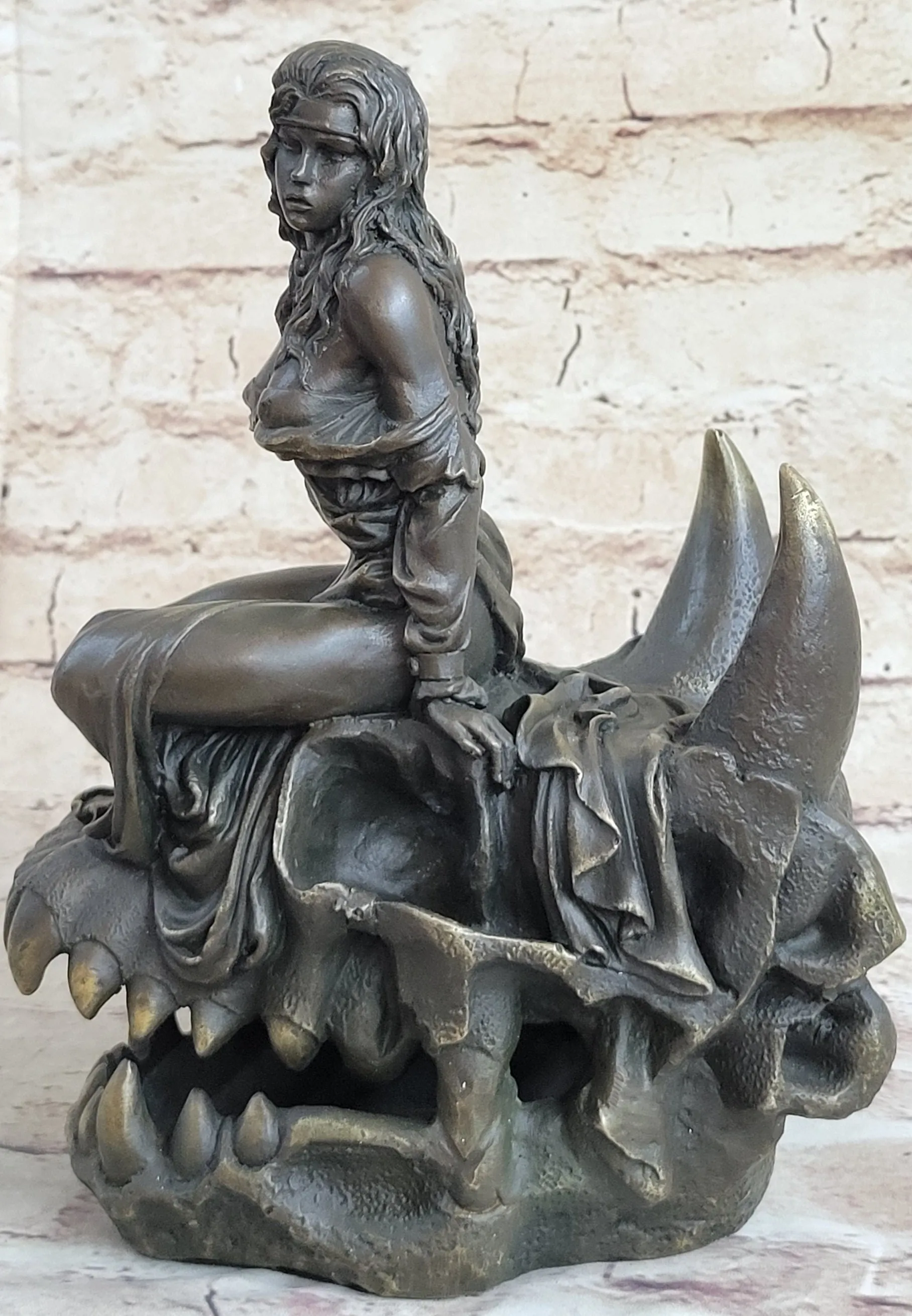 Girl Sitting on Horned Demon Dragon Skull Bronze Figure Sculpture Occult Art 9.5" x 7"