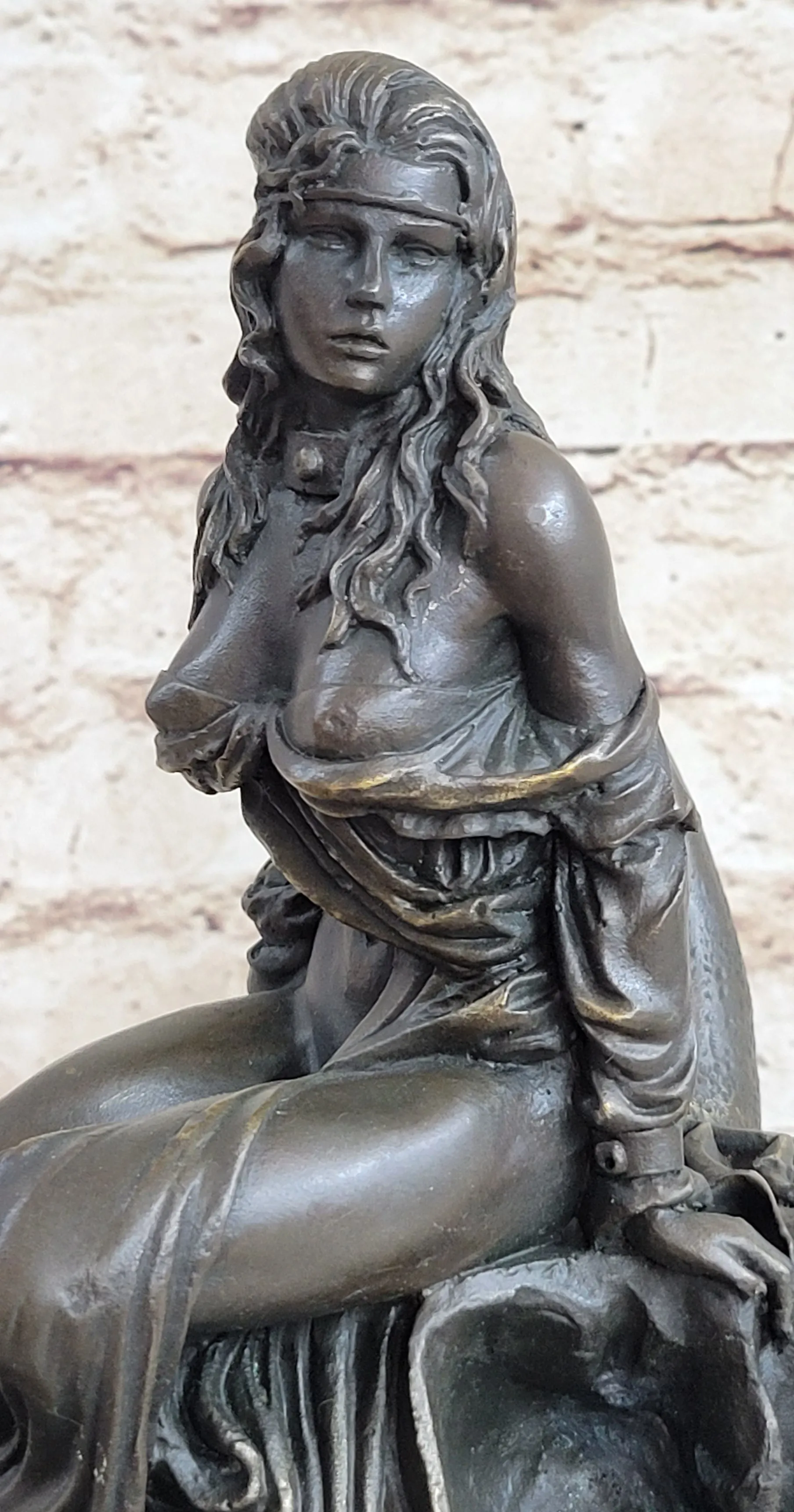 Girl Sitting on Horned Demon Dragon Skull Bronze Figure Sculpture Occult Art 9.5" x 7"