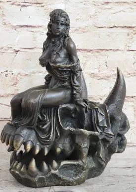 Girl Sitting on Horned Demon Dragon Skull Bronze Figure Sculpture Occult Art 9.5" x 7"