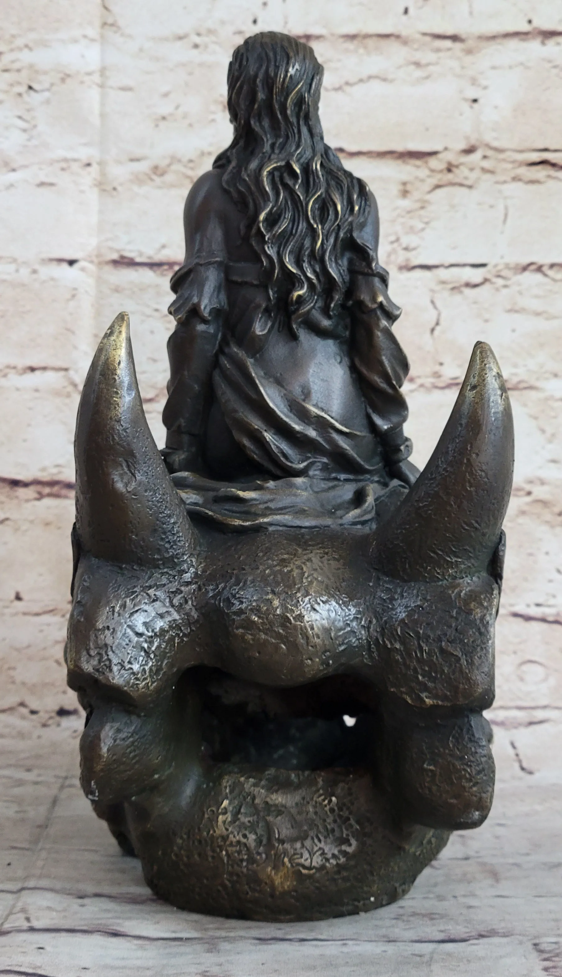Girl Sitting on Horned Demon Dragon Skull Bronze Figure Sculpture Occult Art 9.5" x 7"