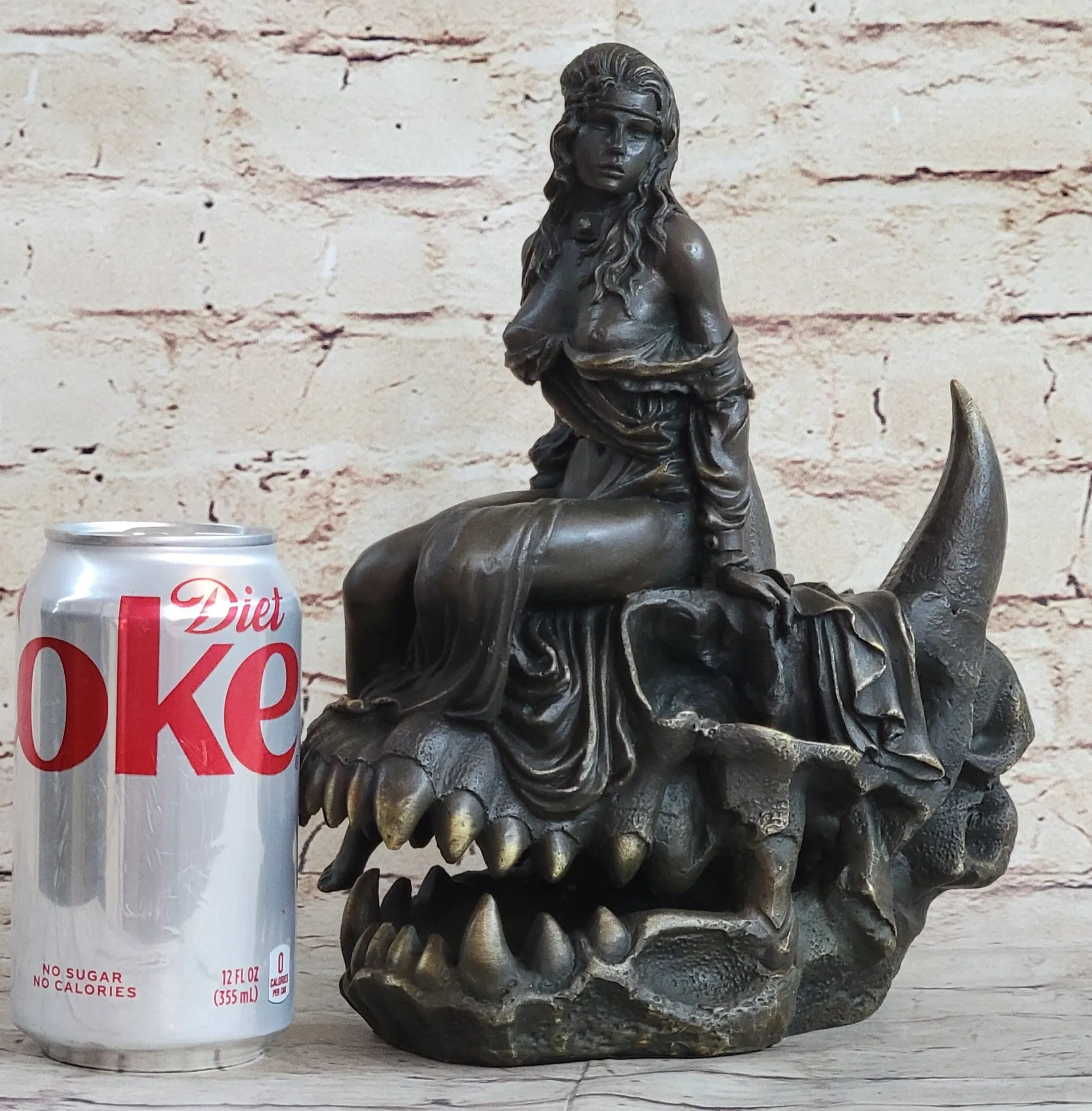 Girl Sitting on Horned Demon Dragon Skull Bronze Figure Sculpture Occult Art 9.5" x 7"