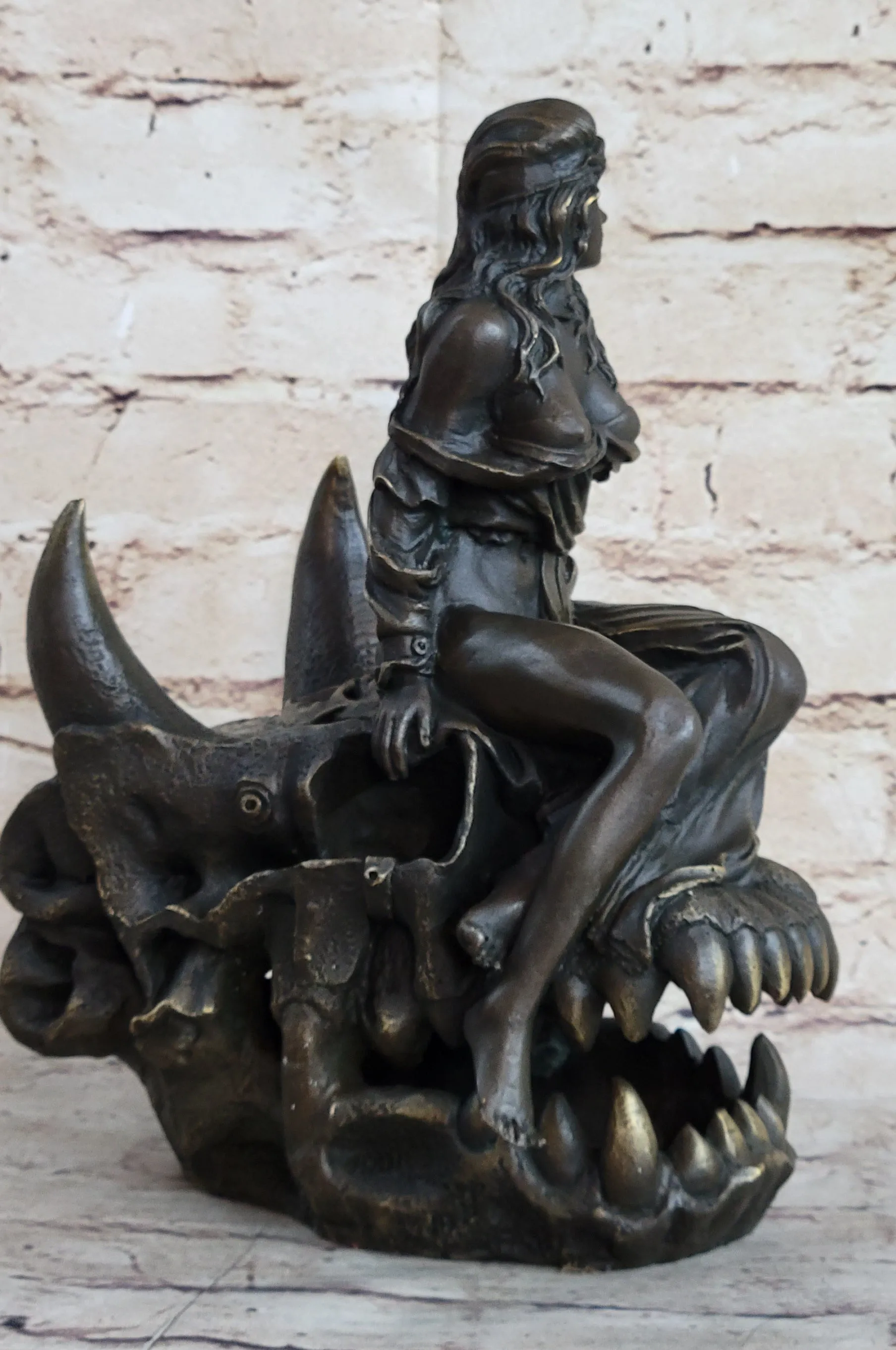 Girl Sitting on Horned Demon Dragon Skull Bronze Figure Sculpture Occult Art 9.5" x 7"