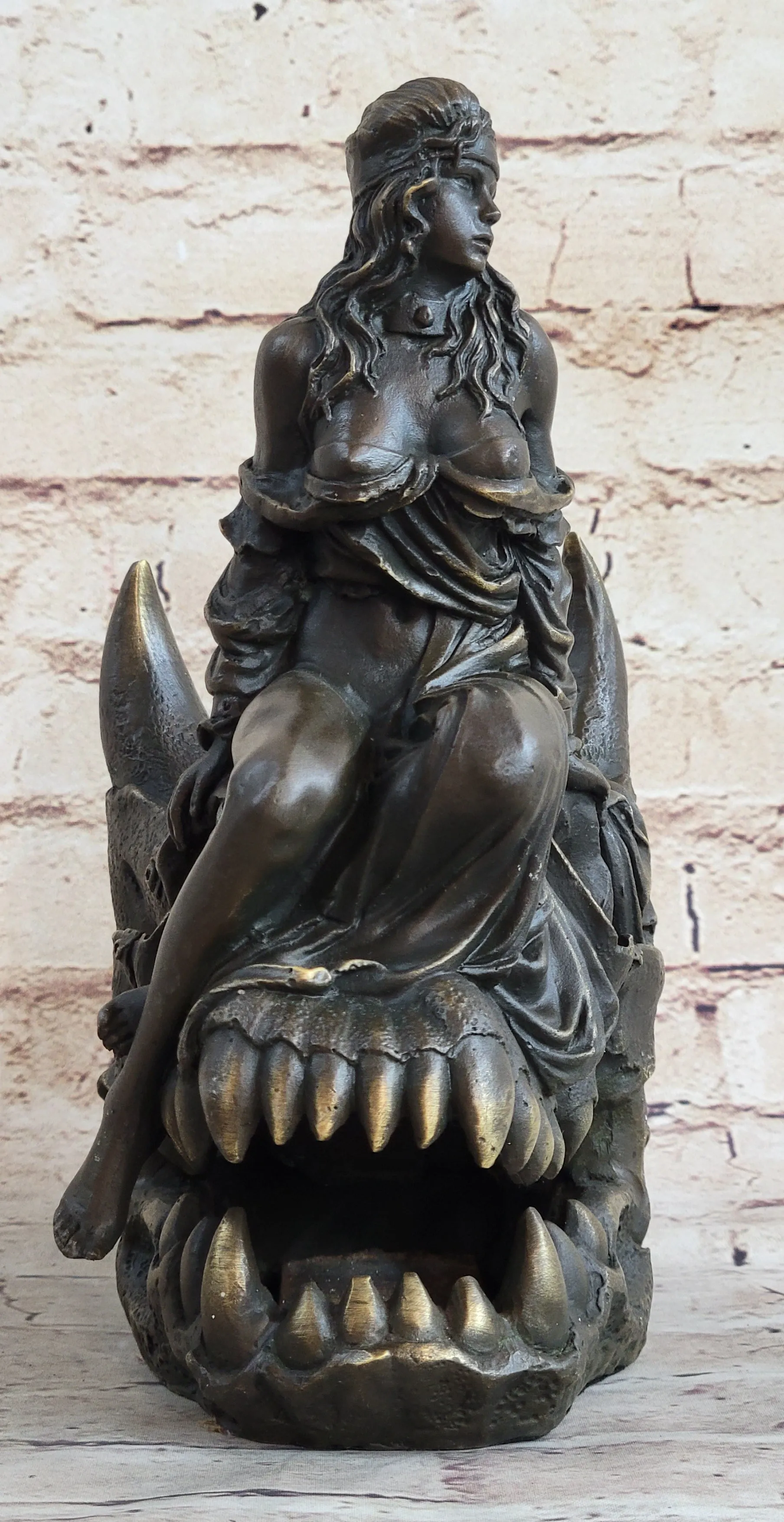 Girl Sitting on Horned Demon Dragon Skull Bronze Figure Sculpture Occult Art 9.5" x 7"