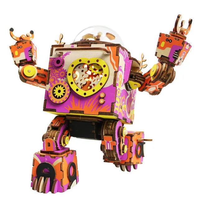 Limited Edition Colorful  Robot Model Building Kit Wooden Steampunk Music Box