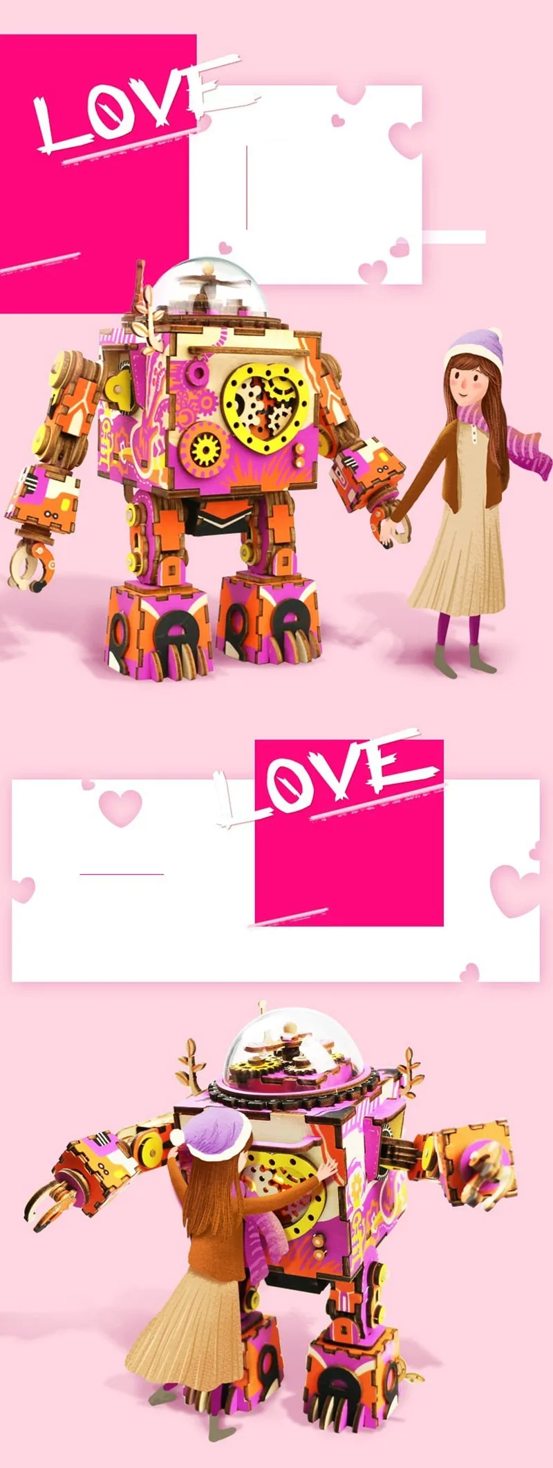 Limited Edition Colorful  Robot Model Building Kit Wooden Steampunk Music Box