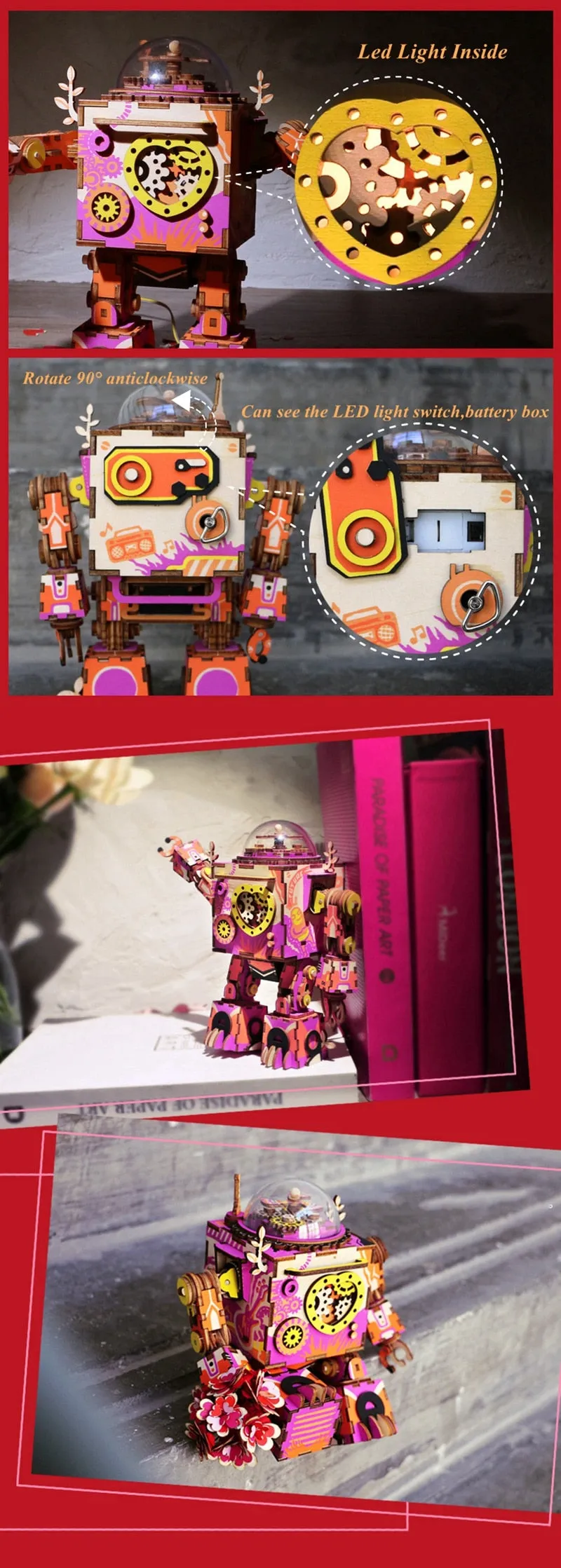 Limited Edition Colorful  Robot Model Building Kit Wooden Steampunk Music Box