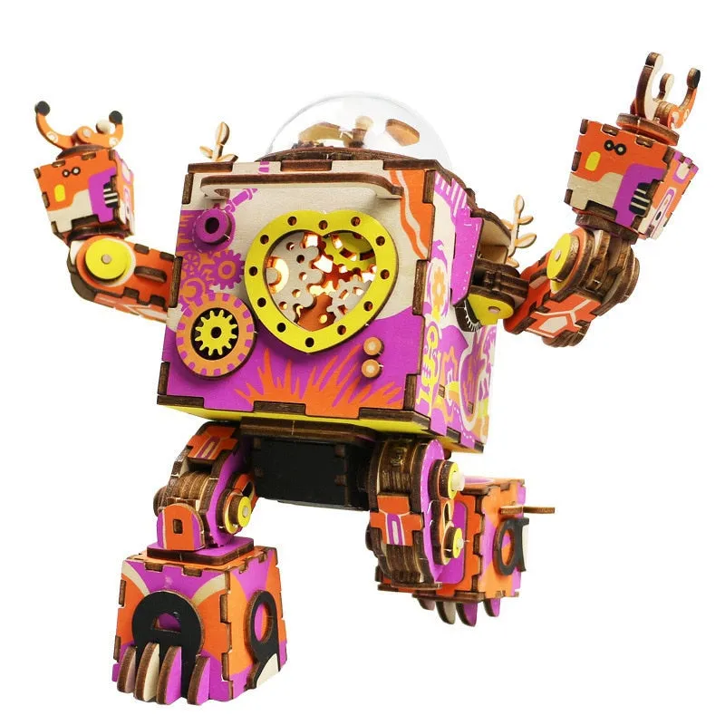 Limited Edition Colorful  Robot Model Building Kit Wooden Steampunk Music Box