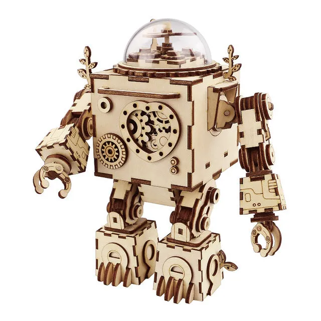 Limited Edition Colorful  Robot Model Building Kit Wooden Steampunk Music Box