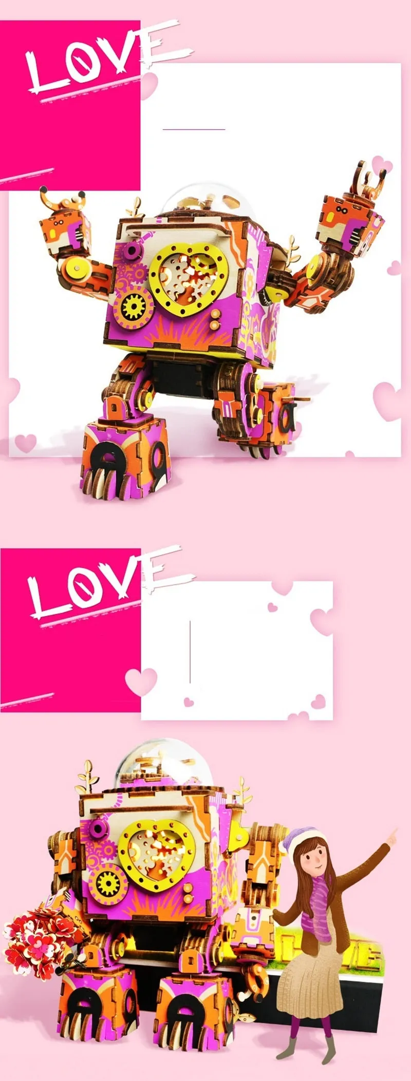 Limited Edition Colorful  Robot Model Building Kit Wooden Steampunk Music Box
