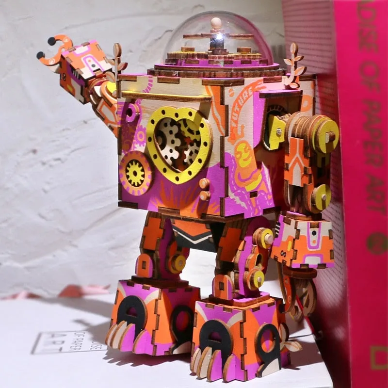 Limited Edition Colorful  Robot Model Building Kit Wooden Steampunk Music Box