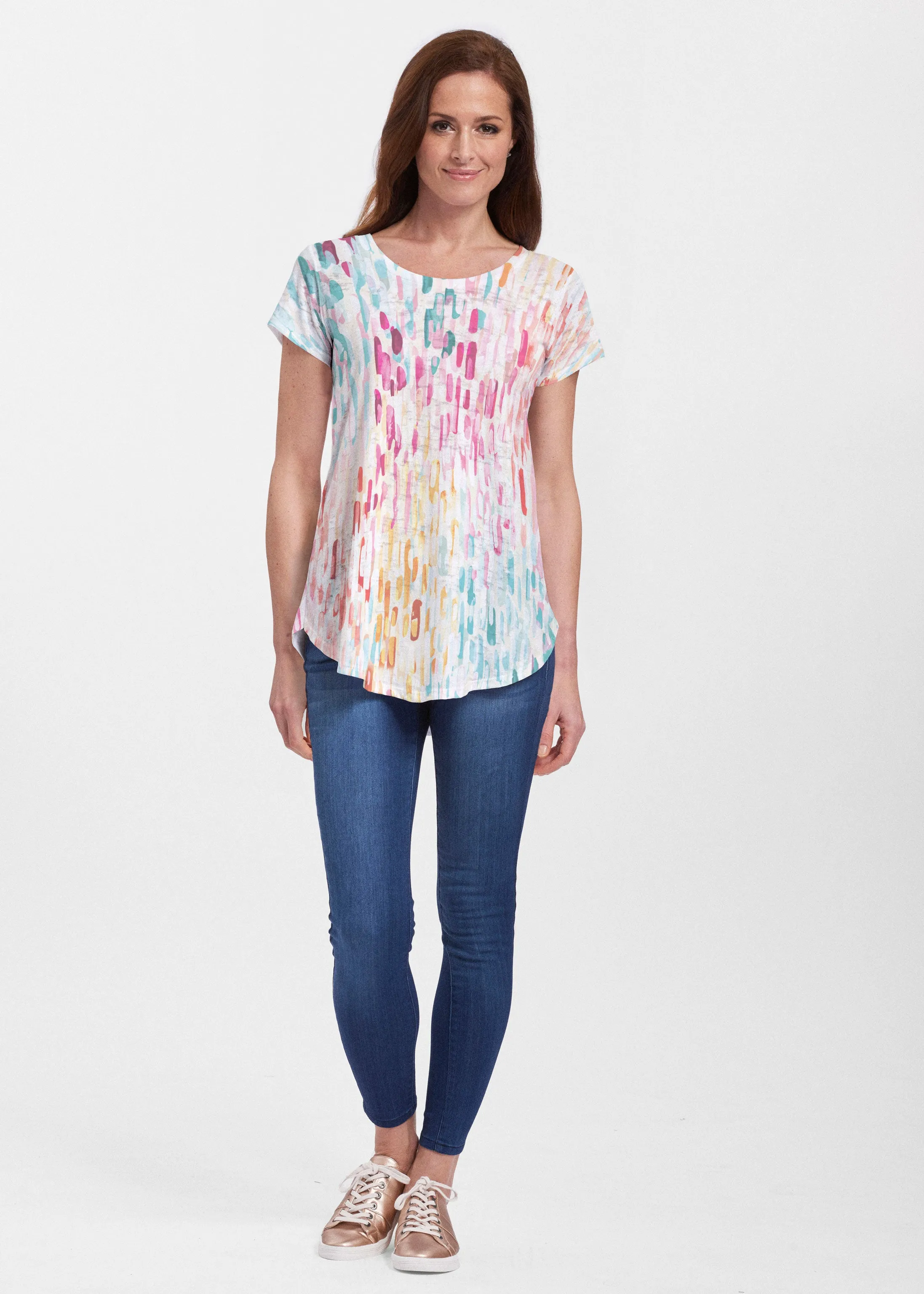 Rainbow Rain (16227) ~ Short Sleeve Scoop Neck Flowy Tunic